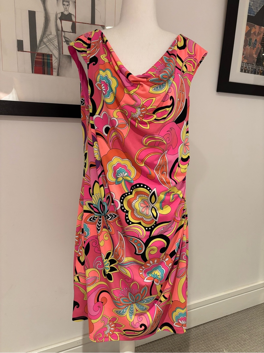 Vintage Peter Nygard petite neon Pink Cowl Neck Dress 16P